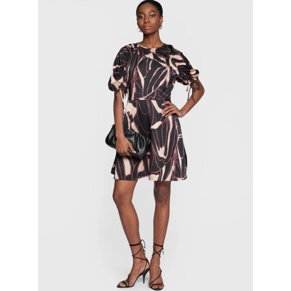 Ted Baker London Gilliaa Mini Dress Puff Sleeve Fit  Flare Print Multicolor Sm - Picture 1 of 16